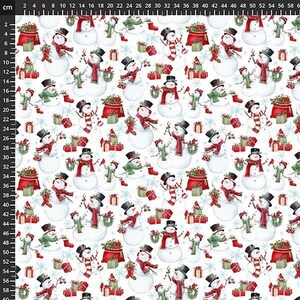 May include: A white fabric featuring a repeating pattern of snowmen wearing black top hats and red scarves, interspersed with red gift boxes, green wreaths, and blue snowflakes. A black ruler measuring 60 cm is visible along the left edge.