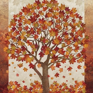 Może przedstawiać: Szczegółowa ilustracja drzewa jesienią. Gałęzie są wypełnione czerwonymi, pomarańczowymi i żółtymi liśćmi klonu. Niektóre liście spadają, a pień jest brązowy. Tło ma beżowo-brązowy gradient.