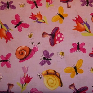 Patchwork fabric funny snails, butterflies and mushrooms