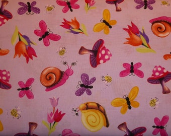 Patchwork fabric funny snails, butterflies and mushrooms
