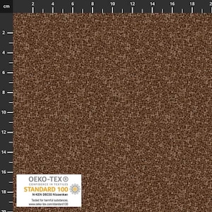 May include: A brown fabric with a repeating pattern of small brown coffee beans. The fabric has a label with the Oeko-Tex Standard 100 logo and text. The text on the label reads "OEKO-TEX® CONFIDENCE IN TEXTILES STANDARD 100 N-KEN 08030 Nissenken Tested for harmful substances. www.oeko-tex.com/standard100"