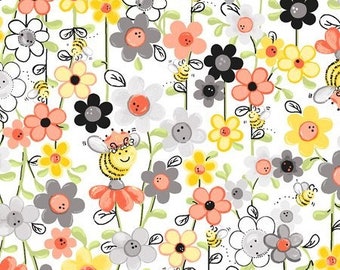 Patchwork fabric flowers with bees drawn allover