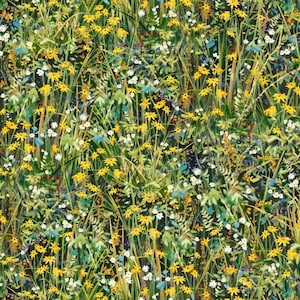 Peut inclure: Un motif floral de style aquarelle vibrant, présentant un arrangement dense de fleurs sauvages. Le motif présente des fleurs jaunes, blanches et bleues parmi un feuillage vert et de hautes herbes sur un fond sombre.