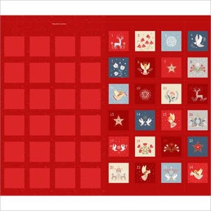 May include: A red advent calendar with 24 numbered squares. Each square has a different festive illustration, including angels, stars, reindeer, and snowflakes.