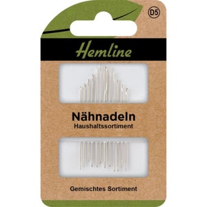 Könnte beinhalten: Eine Packung mit verschiedenen Nähnadeln, beschriftet mit "Hemline Nähnadeln Haushaltsortiment" und "Gemischtes Sortiment".