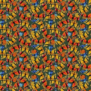 Puede incluir: Un patrón sin costuras que presenta una variedad de mariposas coloridas con alas naranjas, amarillas, rojas y azules sobre un fondo verde oscuro.