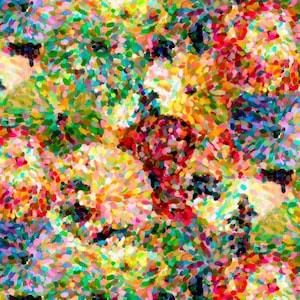 Può includere: Dipinto astratto in uno stile puntinista colorato. Il dipinto presenta una varietà di colori, tra cui rosso, arancione, giallo, verde, blu e viola. I colori sono disposti in uno schema casuale, creando una composizione dinamica ed energica.