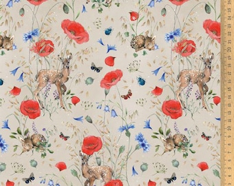 Cotton fabric deer in a summer field acufactum