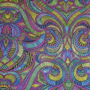 Könnte beinhalten: Ein farbenfroher Stoff mit einem Paisley-Muster in den Farben Pink, Blau, Gelb und Grün. Das Muster besteht aus komplizierten Wirbeln und Linien.