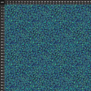 Könnte beinhalten: Ein Stoff mit einem sich wiederholenden Muster aus blauen und türkisfarbenen Kreisen, die jeweils von einem helleren Farbton umrandet sind. Die Kreise sind dicht auf einem dunkelblauen Hintergrund angeordnet. Ein Zentimetermaß ist zu sehen.