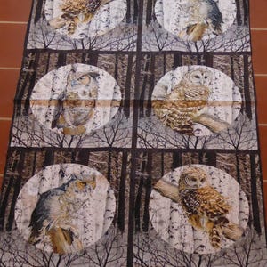 Peut inclure: Un panneau de tissu avec un motif répété de hiboux dans une forêt enneigée. Les hiboux sont bruns et blancs avec de grands yeux jaunes. La forêt est représentée avec des arbres brun foncé et des bouleaux blancs.