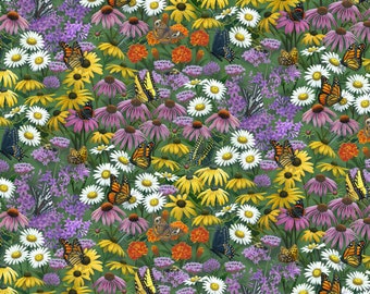 Patchworkstoff Blumenwiese mit Schmetterlingen