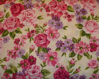 Patchwork fabric with pink roses on white