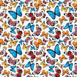 May include: A seamless pattern featuring colourful butterflies with blue, red, yellow, orange, pink and white wings. The butterflies are arranged in a repeating pattern on a white background.