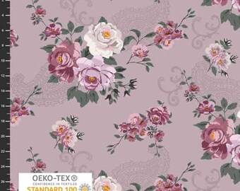 Tissu patchwork grandes roses gris-violet