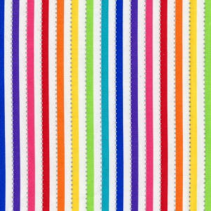 Könnte beinhalten: Ein weißer Stoff mit vertikalen Streifen in verschiedenen Farben, darunter Lila, Rosa, Rot, Orange, Gelb, Grün, Blau und Türkis. Die Streifen sind mit einer silbernen gepunkteten Linie umrandet.