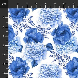 May include: A white fabric with a blue floral pattern. The flowers are large and have a watercolour effect. The fabric is perfect for crafting projects, quilting, and home decor.