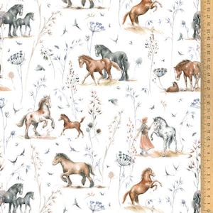 May include: A white background with a repeating pattern of brown and white horses in various poses. The horses are surrounded by delicate brown and blue watercolour-style plants and flowers.