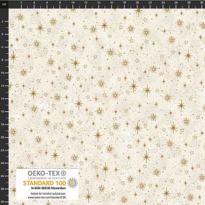 May include: Cream-colored fabric with a repeating pattern of gold stars in various sizes. The fabric has a textured appearance and includes the "OEKO-TEX STANDARD 100" label.