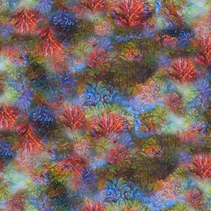 May include: Abstract painting with a colorful floral pattern in shades of red, blue, green, and yellow. The painting features a variety of flowers and leaves, creating a vibrant and dynamic composition.
