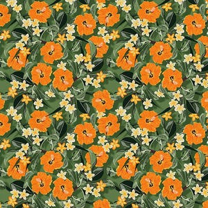 Pode incluir: Um padrão sem costura com flores de hibisco laranja e flores de plumeria brancas sobre um fundo verde.