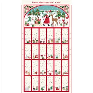Könnte beinhalten: Ein rotes und weißes Weihnachts-Adventskalender-Stoffpanel mit einer festlichen Szene von Weihnachtsmann, Rentier und Schneemann. Das Panel misst 24 Zoll mal 44 Zoll und hat 24 nummerierte Quadrate für jeden Tag im Dezember.