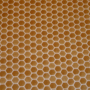 May include: A close-up of a fabric with a honeycomb pattern. The fabric is a light brown color with white lines outlining the hexagons.