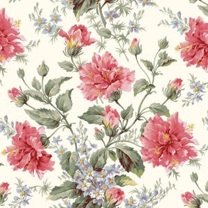 Peut inclure: Motif floral répété avec de grandes fleurs roses vibrantes aux centres jaunes, entremêlées de petites fleurs bleues et violettes. Le tout est posé sur un fond crème, créant un design botanique classique.