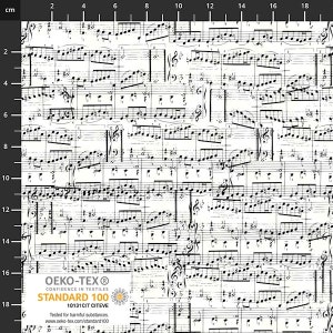 May include: Black and white musical notes printed on a white fabric. The fabric has a ruler printed on the side with measurements in centimetres. The fabric has a label that says "OEKO-TEX® CONFIDENCE IN TEXTILES STANDARD 100 10131CIT CITEVE Tested for harmful substances. www.oeko-tex.com/standard100"