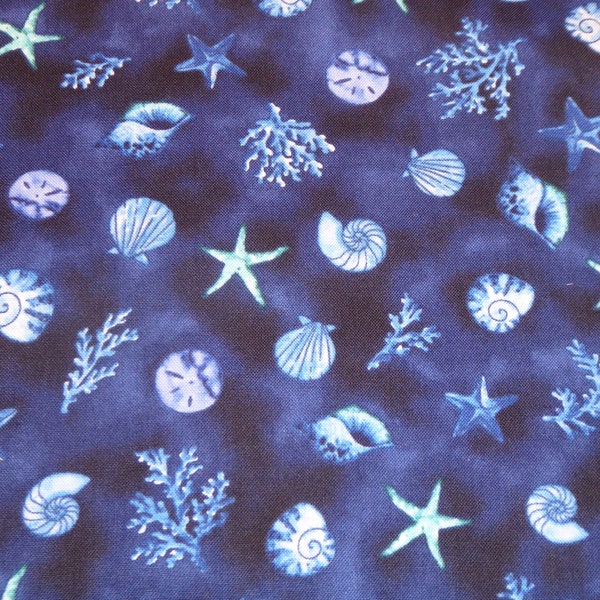Patchworkstoff Muscheln und Seesterne dunkelblau