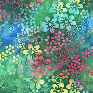 May include: A green fabric with a repeating pattern of colorful flowers. The flowers are in shades of blue, pink, yellow, and green. The fabric has a batik style.