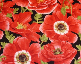 Tissu patchwork grands coquelicots sur noir