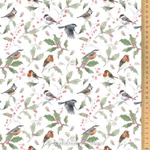 May include: A white background with a repeating pattern of red berries, green leaves, and various birds. The birds include robins, chickadees, and nuthatches. The pattern is perfect for fabric, wallpaper, or wrapping paper.
