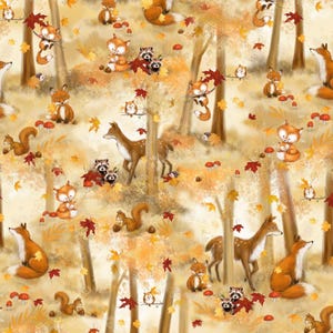 Peut inclure: Illustration fantaisiste d'une forêt peuplée de renards, de cerfs, de ratons laveurs, d'écureuils et de hiboux. L'œuvre présente une palette de couleurs chaudes, orange, marron et jaune, avec des feuilles et des champignons.