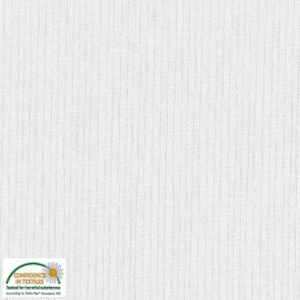 Pode incluir: Tecido de algodão branco com um padrão sutil de listras verticais. O tecido é liso e tem uma superfície ligeiramente texturizada.