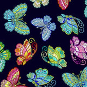 May include: A repeating pattern of intricately designed butterflies in various colours on a dark blue backdrop. The butterflies display detailed patterns in shades of green, blue, pink, orange, and yellow. The wings feature diverse patterns, creating a vibrant and striking design.