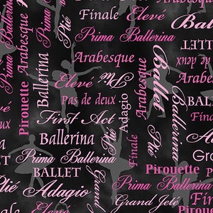 Könnte beinhalten: Schwarzer Hintergrund mit rosa Text und Silhouetten von Ballerinas. Der Text enthält Ballettbegriffe wie 'Arabesque', 'Plié', 'Adagio', 'Pirouette', 'Erster Akt', 'Prima Ballerina', 'Grand Jeté', 'Elevé' und 'Finale'.
