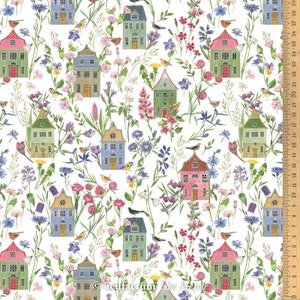 May include: A white fabric with a repeating pattern of colourful houses, flowers, and birds. The houses are green, blue, pink, and red with white trim. The flowers are pink, purple, blue, and yellow. The birds are brown, yellow, and blue.