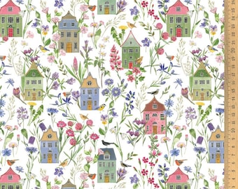 Cotton fabric houses and flowers acufactum