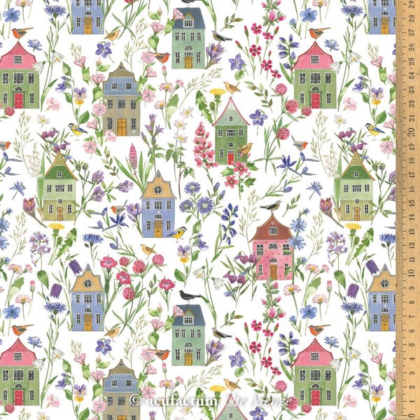 Tissu en coton maisons et fleurs acufactum