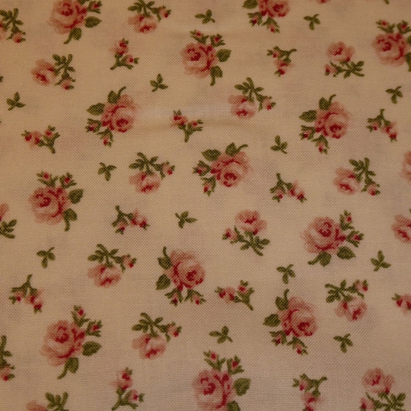 Patchwork fabric dusky pink roses on white