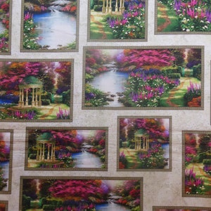 Può includere: Un collage di otto immagini incorniciate che mostrano una scena da giardino fantasiosa con un ruscello che scorre, vegetazione lussureggiante e un gazebo bianco. Le immagini sono disposte in una griglia su uno sfondo beige.