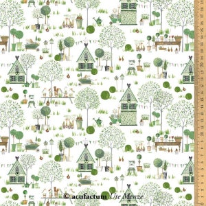 May include: A repeating pattern depicting a garden scene with small green houses, trees, and gardening tools on a white backdrop. The design includes round topiary trees, wheelbarrows, and tables with plants. The text "acufactum Ute Menze" is visible.