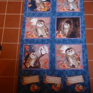 Può includere: Un pannello di tessuto con sei diverse immagini di gufi in un ambiente boschivo. Ogni immagine presenta un gufo con foglie autunnali, una luna piena e un cartello che dice "Cucito con amore".