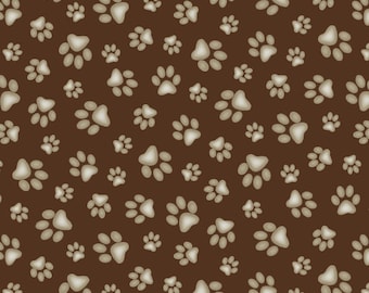 Patchwork fabric, cream, paw prints on brown