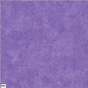May include: A square piece of fabric featuring a repeating pattern of purple hexagons and smaller circles. The design creates a textured effect, with a scale of 1 cm at the bottom left. The overall colour is a soft, muted purple.