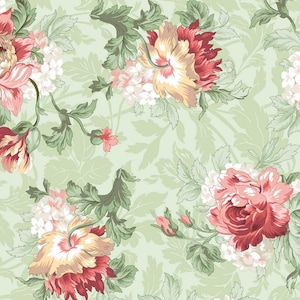 May include: A repeating floral pattern with large blooms in red, pink, and yellow, set against a pale green backdrop. The design incorporates various leaf shapes and smaller white flower clusters, creating a classic, elegant aesthetic. The pattern is suitable for fabric or wallpaper.