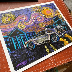 May include: A painting of a silver DeLorean time machine driving through a starry night sky. The sky is painted in the style of Vincent van Gogh's Starry Night, with swirling blue, yellow, and white brushstrokes. The car is driving on a road with yellow lines, and there is a building in the background.