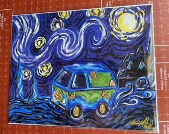 PRINT “Starry Mystery," Fanart, Mashup, Starry Night, Hippie Van, Car Art, Parody Art, Van, Car, Art Print