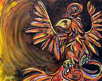 May include: A fiery orange, yellow, and red phoenix with black outlines and intricate details is painted on a dark brown background with a swirling yellow and orange pattern.